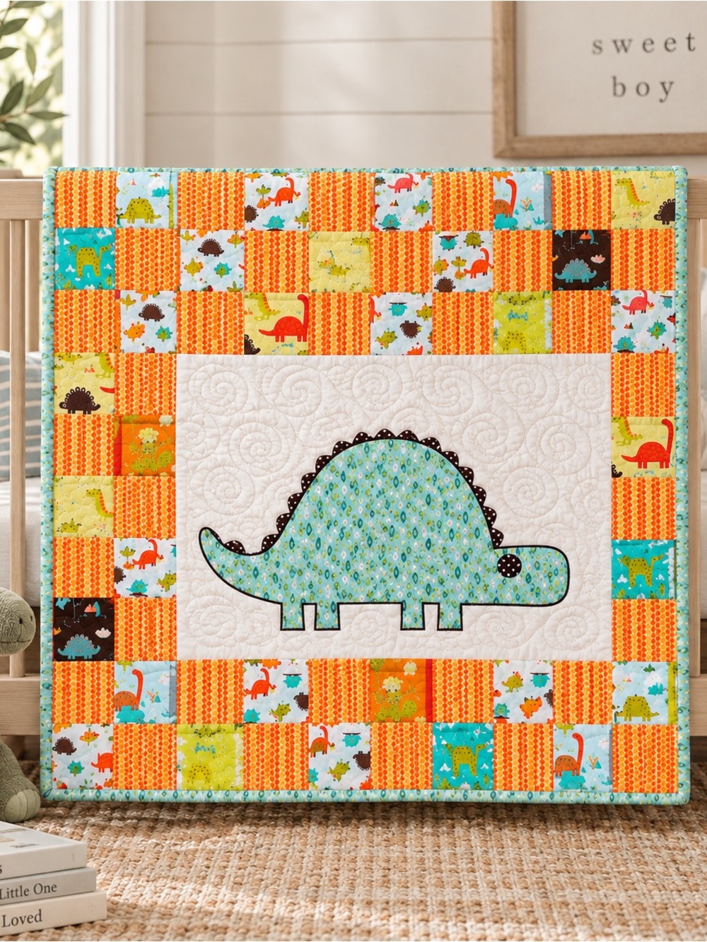 Playful Dino Patchwork Handmade Baby Quilt - Aqua & Orange